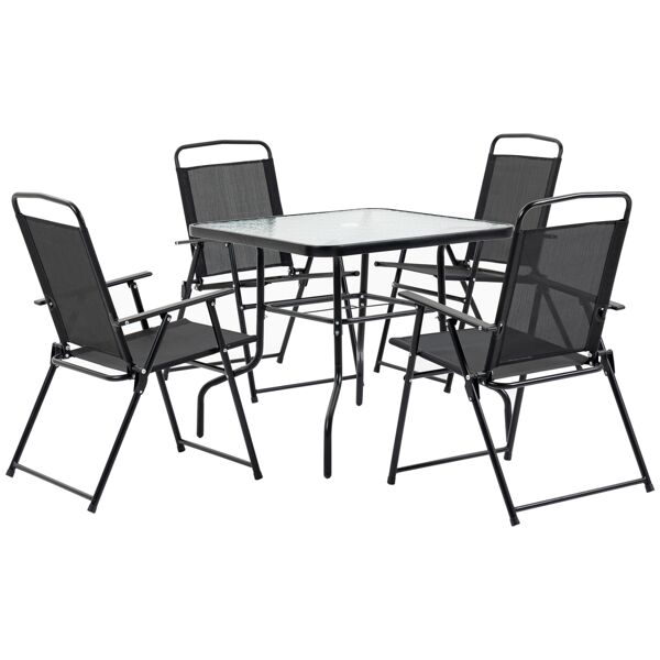 outsunny set mobili da giardino 5 pezzi in metallo, salotto da giardino con 4 sedie pieghevoli e tavolo con foro per ombrellone, nero