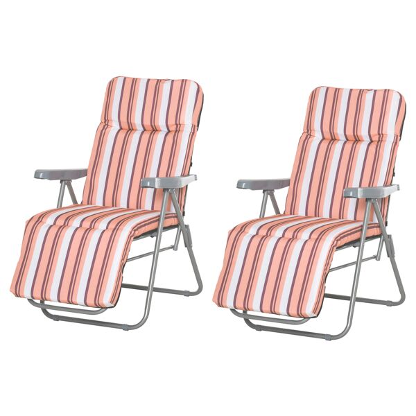outsunny sedia sdraio per esterni da 2 pezzi pieghevole e reclinabile, lettino prendisole con cuscino imbottito, arancione