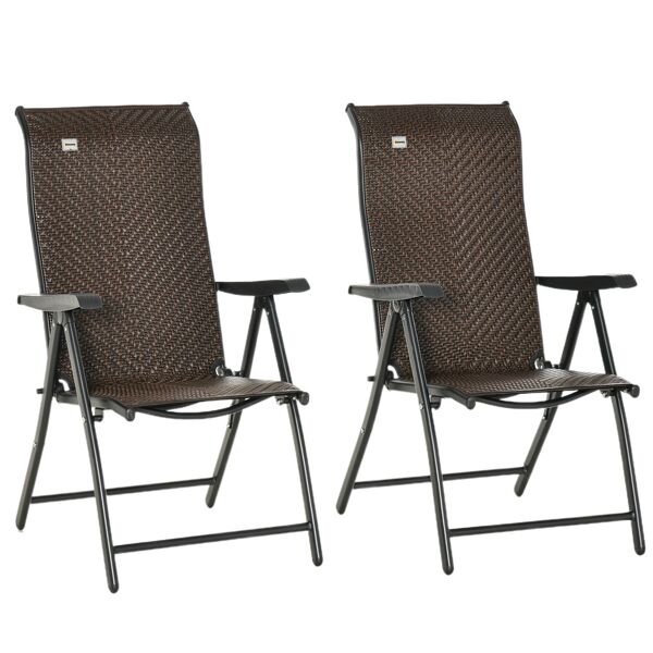 outsunny set sedie da giardino 2 pezzi in rattan pe e acciaio, sedie pieghevoli da esterno con schienale regolabile in 7 posizioni, rosso e nero