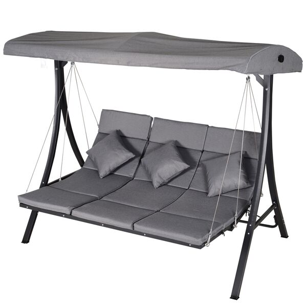 outsunny dondolo 3 posti per esterni giardino, con chaise longue e tetto regolabile, nero e grigio, 200 x 115 x 168 cm