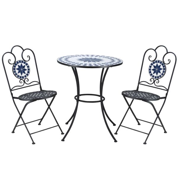 outsunny set da giardino 3 pezzi con 2 sedie pieghevoli e 1 tavolino da giardino rotondo con design floreale a mosaico, in metallo e pietra