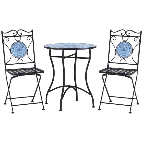 outsunny set da giardino 3 pezzi con decorazioni mosaico, tavolino rotondo e 2 sedie pieghevoli in metallo, stile unico, blu