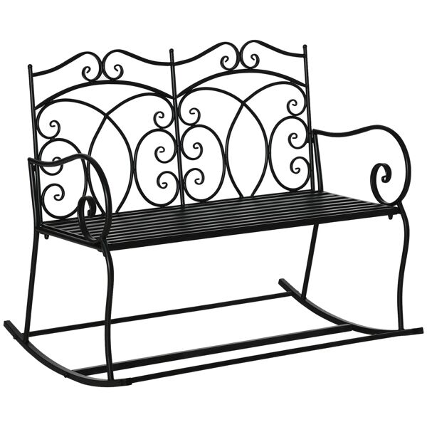 outsunny sedia a dondolo a 2 posti in metallo, panchina a dondolo da giardino elegante con schienale decorato, 102x74.5x78cm nera