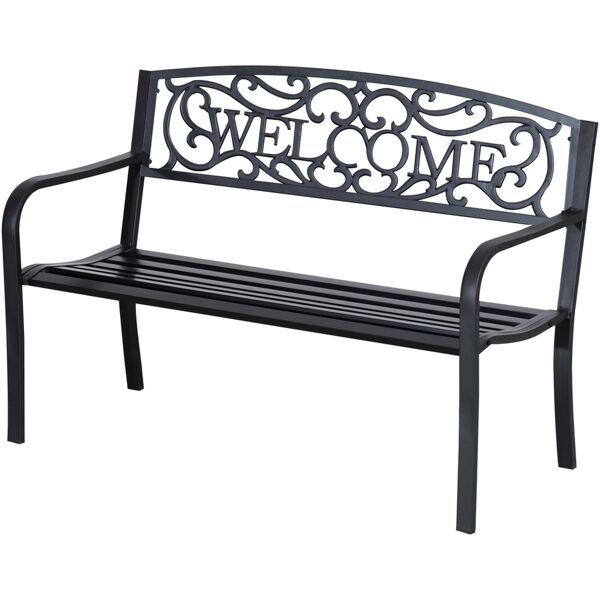 outsunny panca da esterno sedia da giardino 2 posti in metallo nero, design vintage, 127x60x87cm