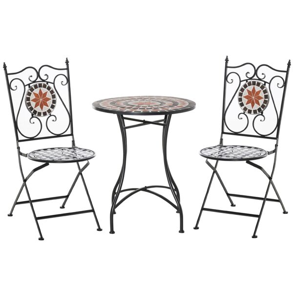 outsunny mobili da giardino set da 3 pezzi con 2 sedie pieghevoli e 1 tavolino a mosaico, in metallo e ceramica
