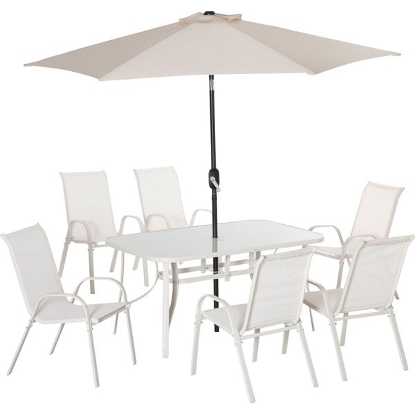 outsunny set mobili da giardino 8 pezzi, tavolo da giardino con sedie, ombrellone con inclinazione regolabile, in alluminio, bianco crema