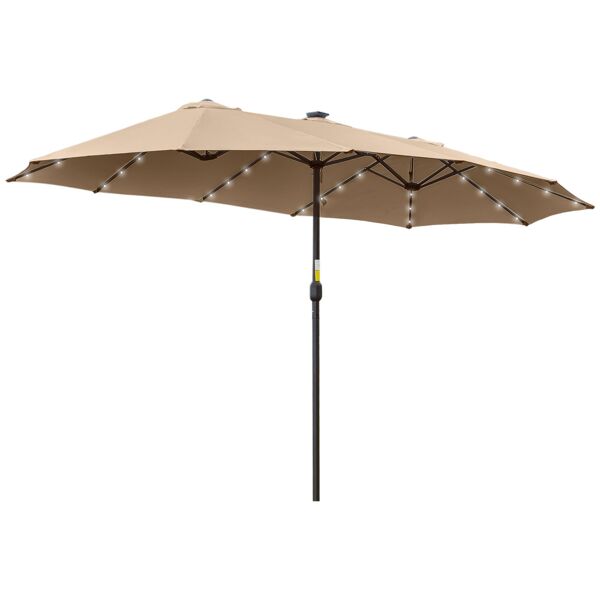 outsunny ombrellone da giardino 4.5m con 48 luci led a energia solare, ombrellone doppio parasole con manovella, cachi