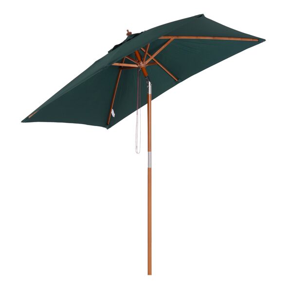 outsunny ombrellone da giardino inclinabile 2x1.5m, 6 stecche, palo in legno e apertura a corda, verde