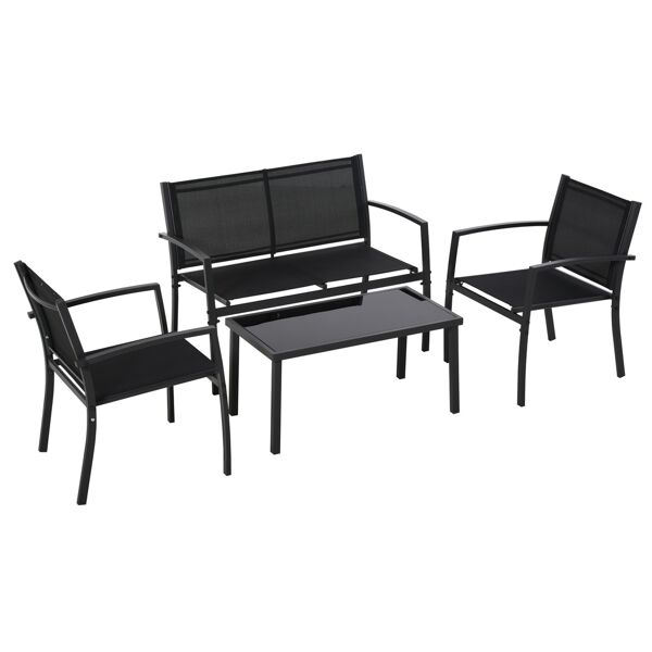 outsunny salotto da esterno, set 4 pezzi con 1 tavolino, 2 sedie da giardino e 1 panca in metallo, nero