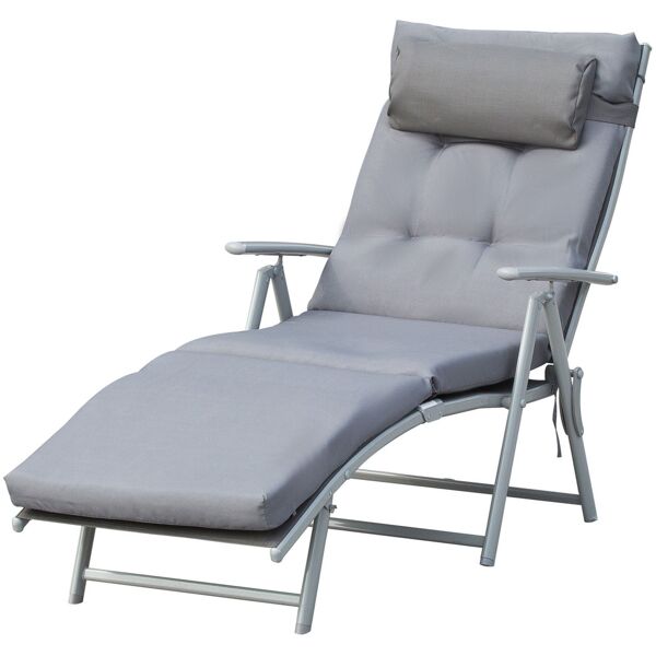 outsunny sdraio da giardino pieghevole con materassino e cuscino, schienale con 7 reclinazioni, 137x63.5x100.5cm, grigio