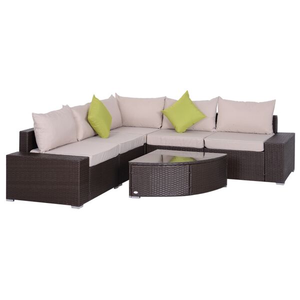 outsunny salotto da giardino in rattan pe 6 pezzi, divano con cuscini e tavolino con ripiano in vetro