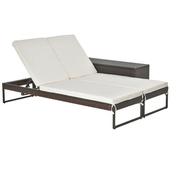 outsunny 3pz componibile 2 lettini prendisole (60 x 195 x 86cm) 1 tavolino (121 x 40 x 50cm) rattan con materassini marrone e bianco crema