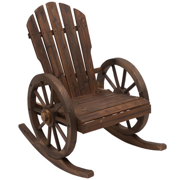 outsunny sedia a dondolo stile adirondack, design rustico con 2 ruote, legno di abete rosso effetto bruciato, 88x68x92cm