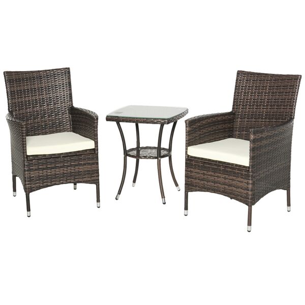 outsunny set mobili da giardino rattan set arredamento giardino 3pz tavolo con 2 sedie con cuscini marrone
