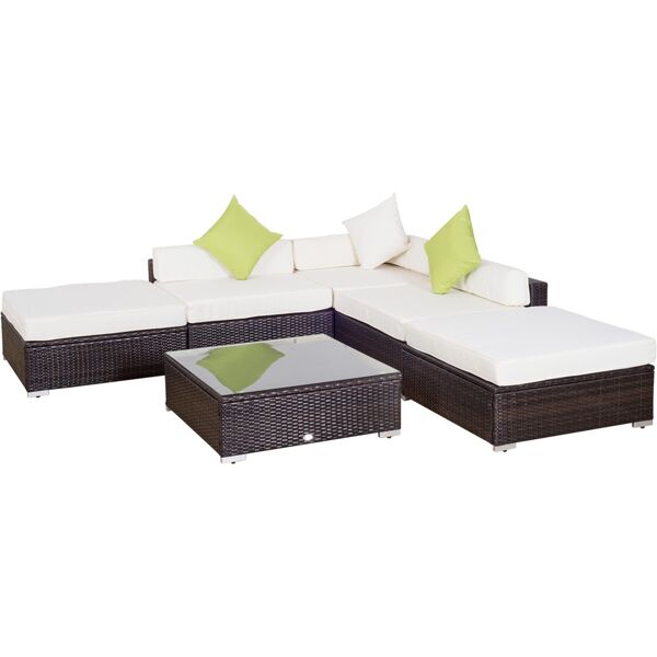 outsunny mobili da giardino in rattan pe con divano angolare e pouf con cuscini telaio set da 18 pezzi, marrone