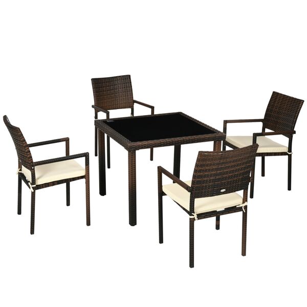 outsunny set da esterni in rattan pe da 5 pezzi, tavolo da giardino con piano in vetro e 4 sedie con cuscini, marrone