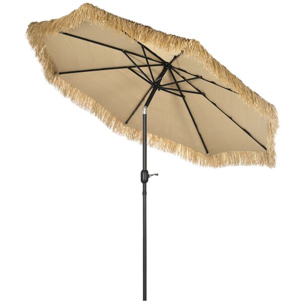 outsunny ombrellone da giardino rotondo con copertura in paglia e manovella, Ø265x250cm, cachi
