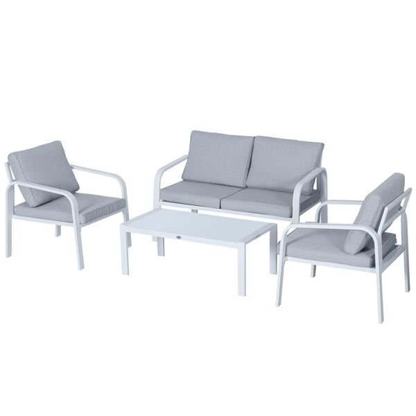 outsunny set mobili da giardino 4 pezzi con 2 sedie, 1 divano a 2 posti e 1 tavolino da caffè in alluminio e poliestere, bianco e grigio