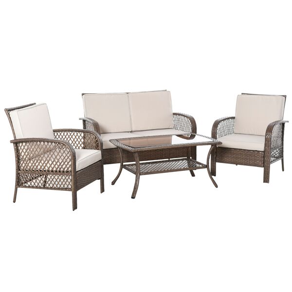outsunny set mobili da giardino rattan marrone, tavolino + sedie + divano 4pz, cuscini imbottiti cachi, stile elegante