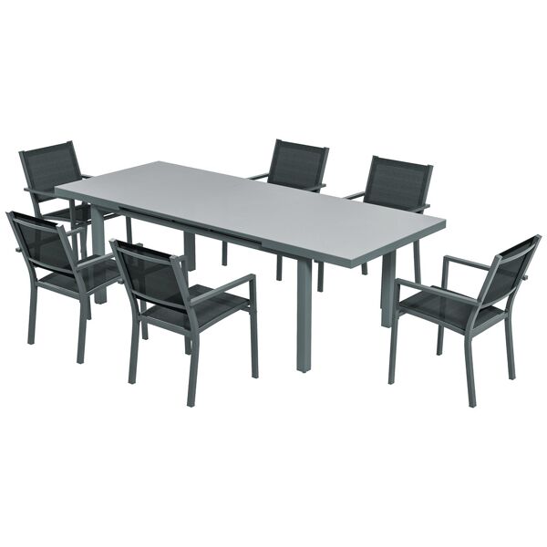 outsunny set da giardino 7 pezzi in alluminio con 6 sedie pieghevoli e tavolo allungabile, grigio e nero