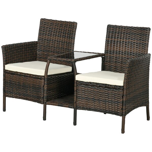 outsunny set da giardino in rattan con 2 sedie moderne e tavolino da caffè, 138x60x87 cm, marrone