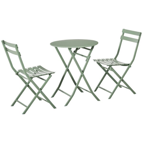 outsunny set da giardino 3 pezzi pieghevoli in acciaio, 2 sedie 42x50x81 cm e tavolino Ø60x71 cm, verde