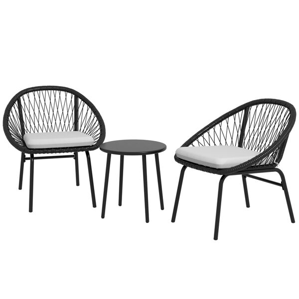 outsunny set da giardino con 2 sedie con cuscino e tavolino da caffè in acciaio e rattan pe, nero