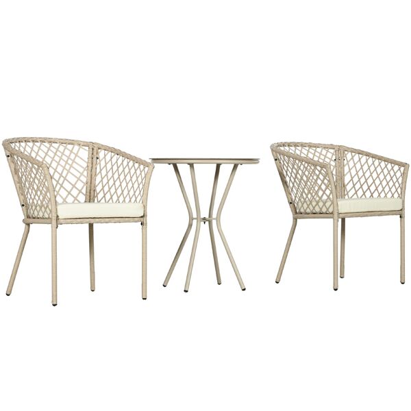 outsunny set da giardino in rattan con 2 poltroncine con cuscini e tavolino da caffè in vetro, khaki