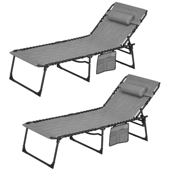 outsunny set 2 lettini prendisole con schienale reclinabile e tasca, in acciaio e poliestere, 65x188x36 cm, grigio e nero