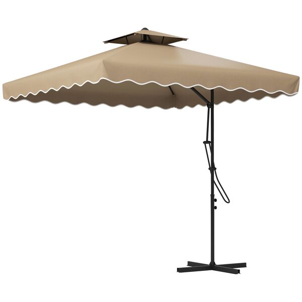 outsunny ombrellone a sbalzo con doppio tetto, apertura a manovella e base a croce, 2.5x2.5m, cachi