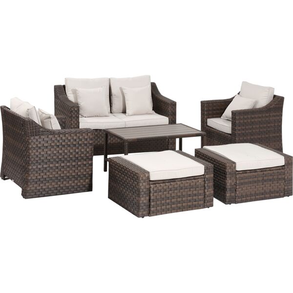 outsunny salotto da esterni in rattan, set 6 pz con divanetto da giardino, poltrone e tavolino, marrone