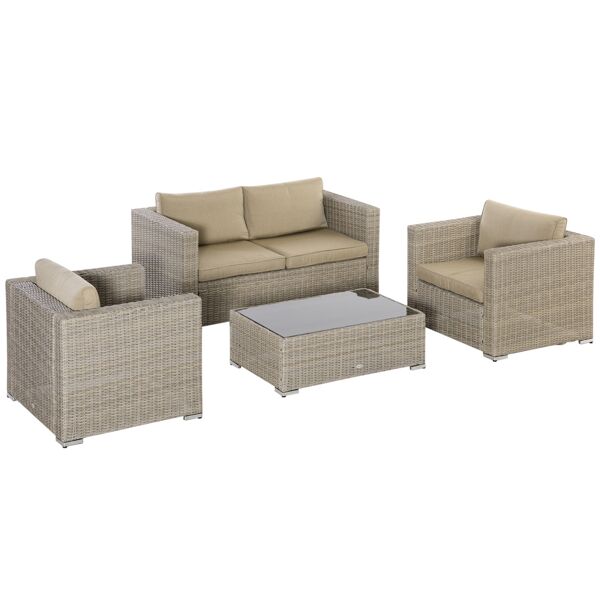 outsunny set mobili da giardino 4 pezzi in rattan pe, salotto da esterno 1 divano, 2 poltrone, 1 tavolino e cuscini lavabili, kaki e beige