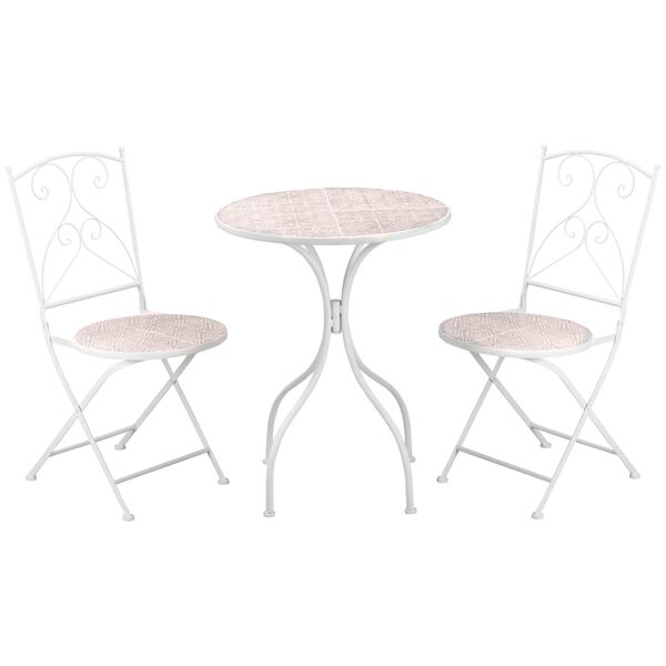 outsunny set da giardino 3 pezzi, design a mosaico, 2 sedie pieghevoli e tavolino rotondo, in metallo e ceramica, bianco