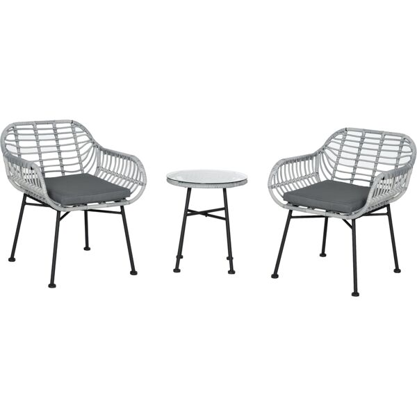 outsunny set mobili da giardino in rattan pe da 3 pezzi, salotto da esterno con 2 sedie e tavolino con ripiano in vetro per terrazza e bistrò, grigio