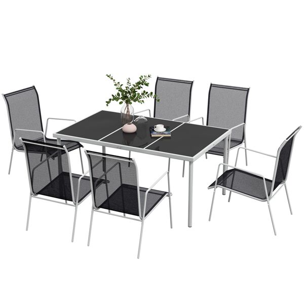 outsunny set da giardino con tavolo in vetro e 6 sedie impilabili in acciaio e textilene, nero