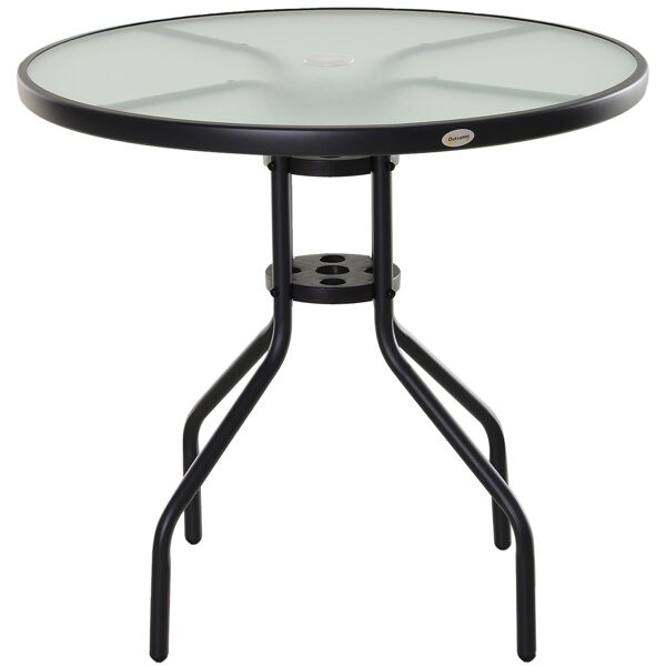 outsunny tavolino da giardino elegante, piano in vetro temperato, foro per ombrellone, acciaio, Ф80x72cm, nero.