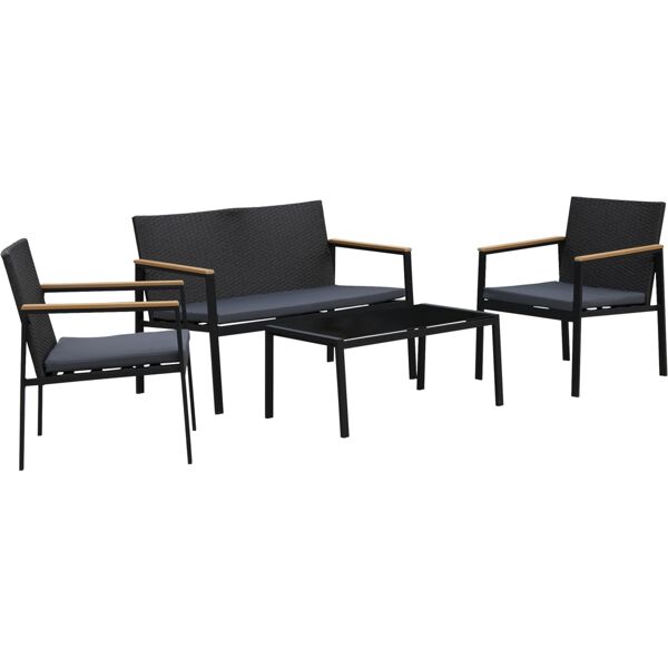 outsunny set 4 pezzi salotto da esterni con 2 sedie, divano e tavolino   mobili da giardino in rattan e acciaio nero