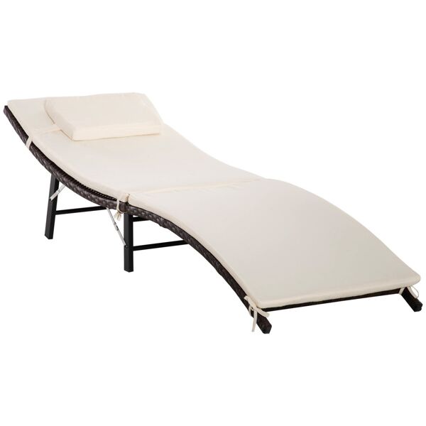 outsunny sdraio lettino da giardino ergonomica con cuscino rimovibile, sdraio pieghevole rattan, bianco crema 196x61x53cm