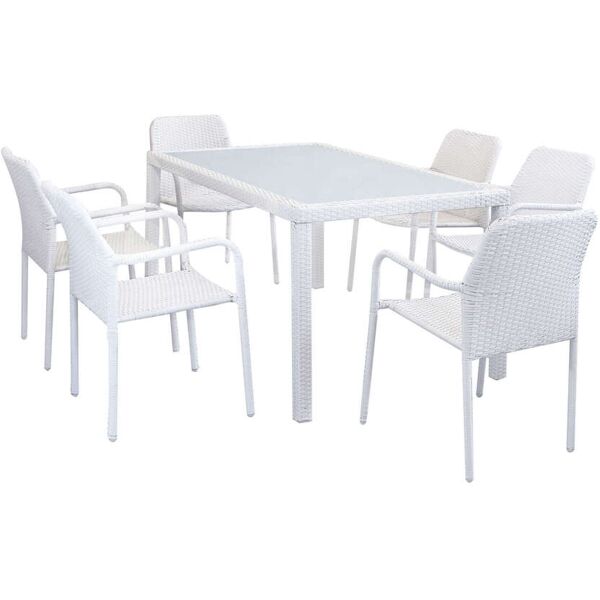 milani home set tavolo giardino rettangolare fisso con piano in vetro 150x90 con 6 poltrone bianco x x cm