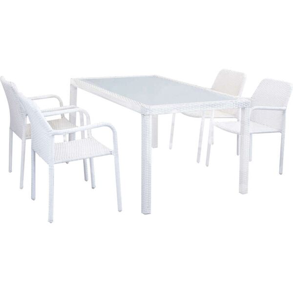 milani home set tavolo giardino 150x90 con 4 poltrone piano in vetro intreccio in rattan si bianco x x cm