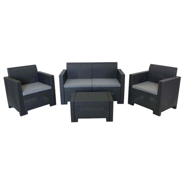 milani home salotto da giardino set 2 posti nero con cuscini grigi intreccio in rattan sint nero 131 x 79 x 57 cm