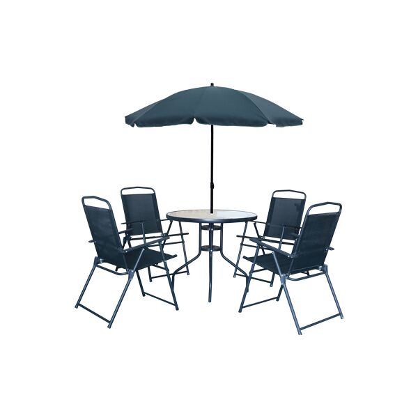 brixo setfunny tavolo da giardino rotondo in acciaio con piano in vetro temperato e foro per ombrellone Ø 80x71h cm + 4 sedie pieghevoli + ombrellone - setfunny