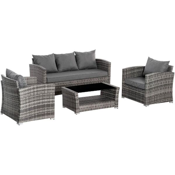 dechome 190860 set salotto da giardino in rattan pe con divano 3 posti 2 poltrone e tavolino con vetro grigio - 190860