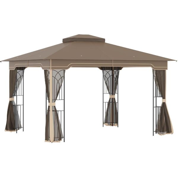 dechome 32084c gazebo giardino 3.65x3 mt in metallo zanzariera doppio tetto e mensole colore marrone e beige - 32084c