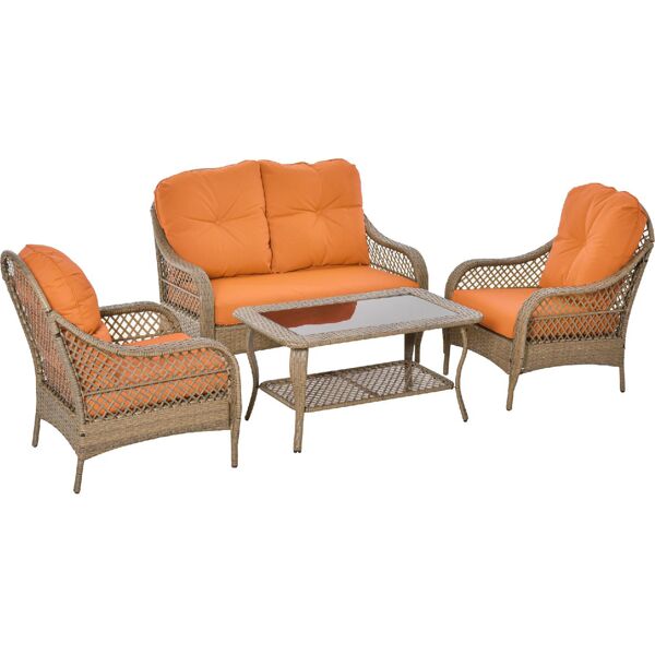 vivagarden 149860 salottino da esterno salotto da giardino polyrattan con 2 poltrone divano e tavolino e cuscini colore khaki e arancione - 149860