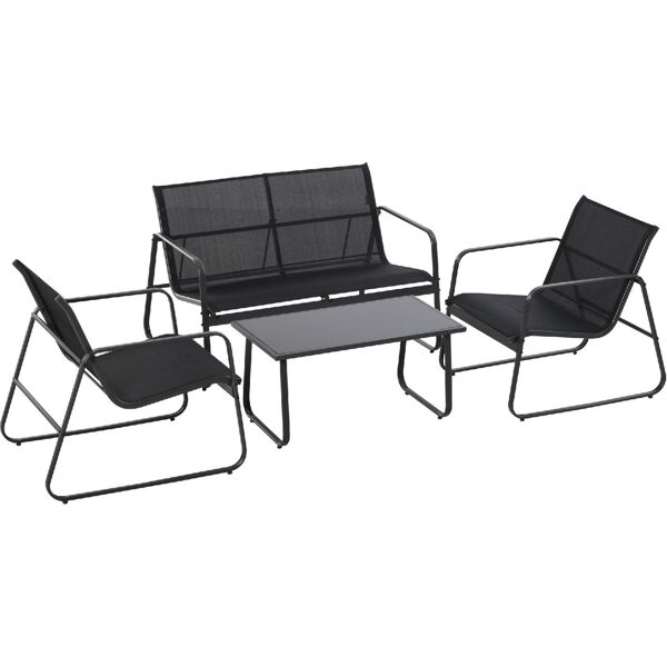 vivagarden 5078 set tavolino con panchina e 2 sedie da giardino arredamento da esterno in metallo e textilene nero - 5078