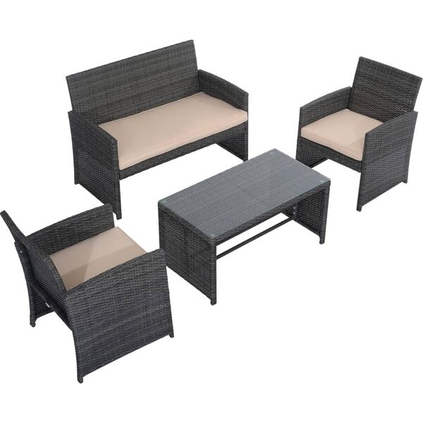 vivagarden 841173 set mobili da esterno in pe rattan divanetto e 2 poltrone con tavolino e cuscini grigio - 841173