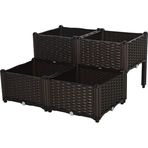 vivagarden d45295v52 set 4 pezzi fioriere rialzate da giardino effeto rattan in pp, marrone - d45295v52