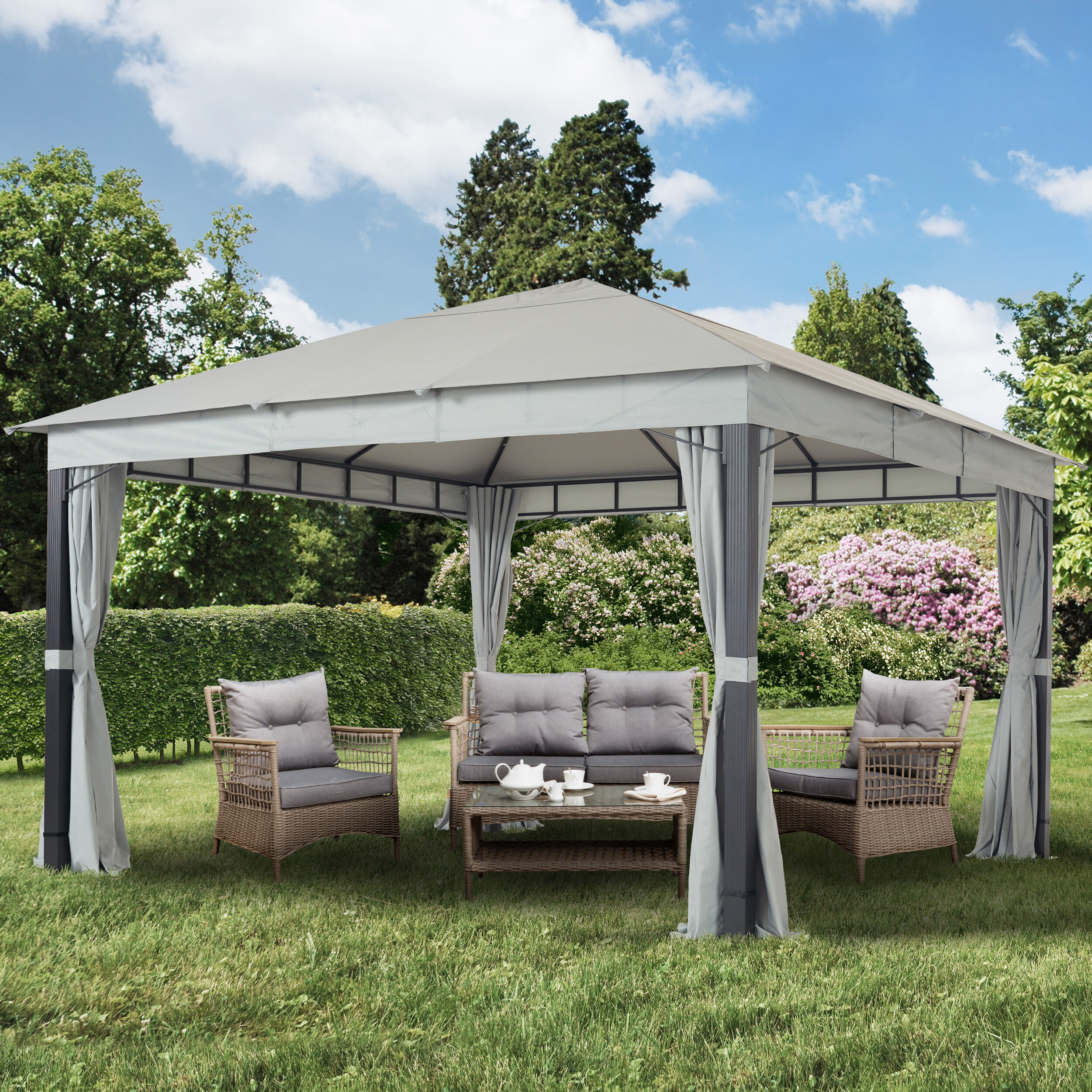 Toolport Gazebo da Giardino 4x4m Poliestere con rivestimento in PU 220 g/m² grigio impermeabile