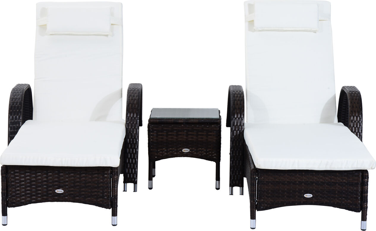 Outsunny Set Relax Sedie Tavolino in Rattan 3pz 2 Lettini a Sdraio Reclinabili Imbottiti con Rotelle e Tavolino, Marrone